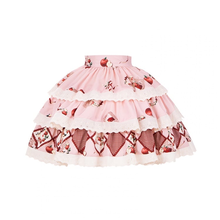 Knielanger Lolita-Rock mit gestuftem Saum und rosa Apfel-Print