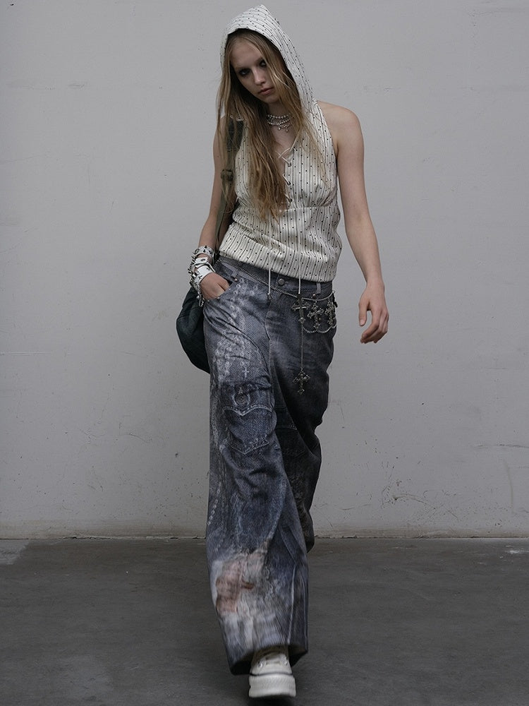 Print Top White Star Pattern Lace-up Sleeveless Hoodie Striped Detail