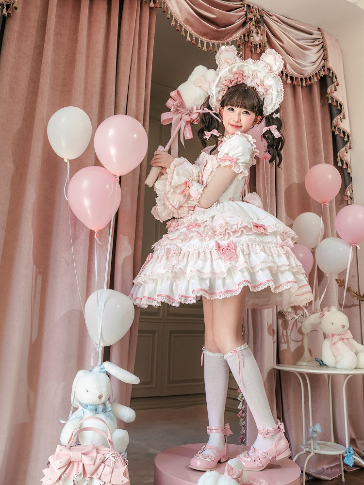 Ruffle One Piece Pink White Sweet Princess and Bow Dress Theme Lolita Bunny Accents
