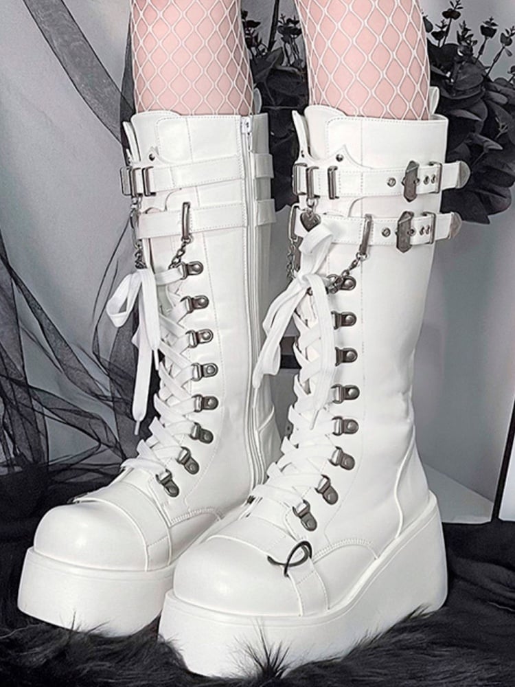 Stiefel Gothic Schnalle Plattform PU Akzente - Weiß Kniehoch