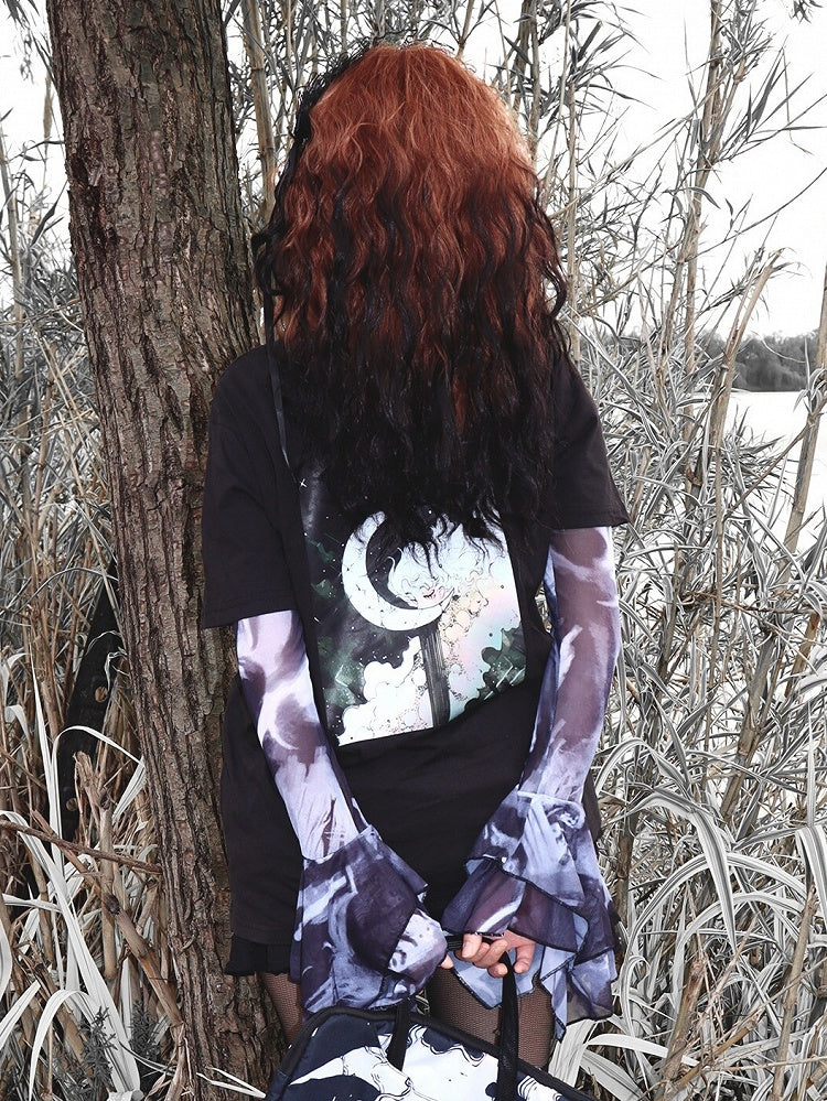 Print T-shirt Black Short Gyaru Cartoon Fashion Sleeves