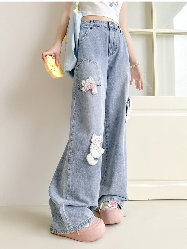 with Detachable Kitty Appliques Blue Wide-Leg Jeans Short/Long Version