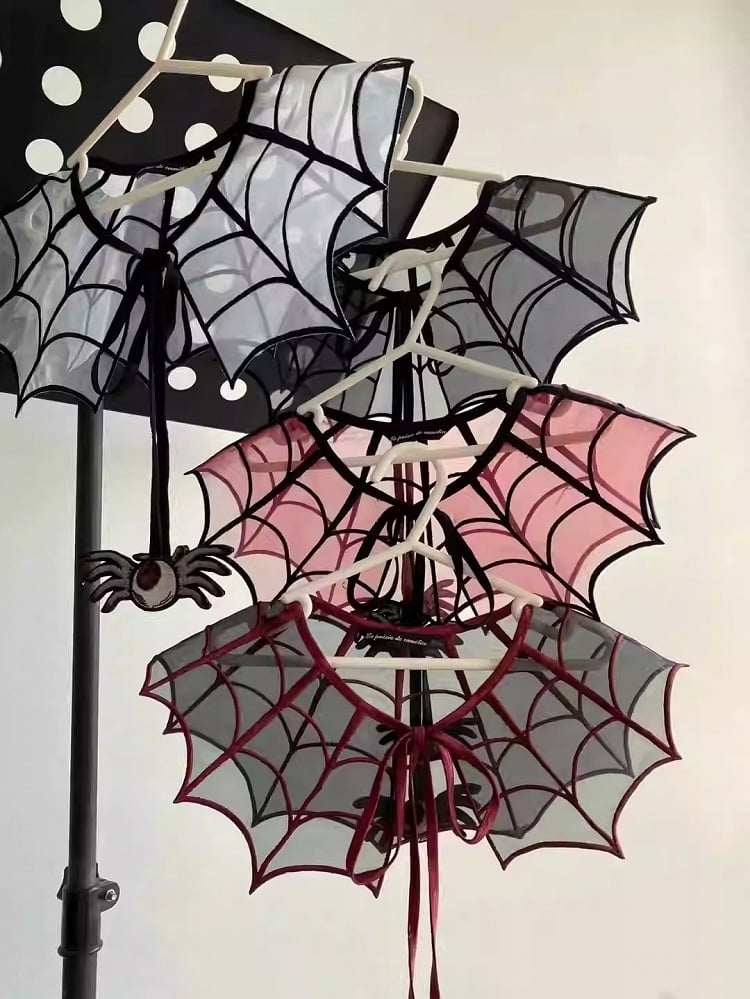 Red Spider Web Embroidery Detachable and Moth Butterfly Brooch with Fake Collar Black Organza