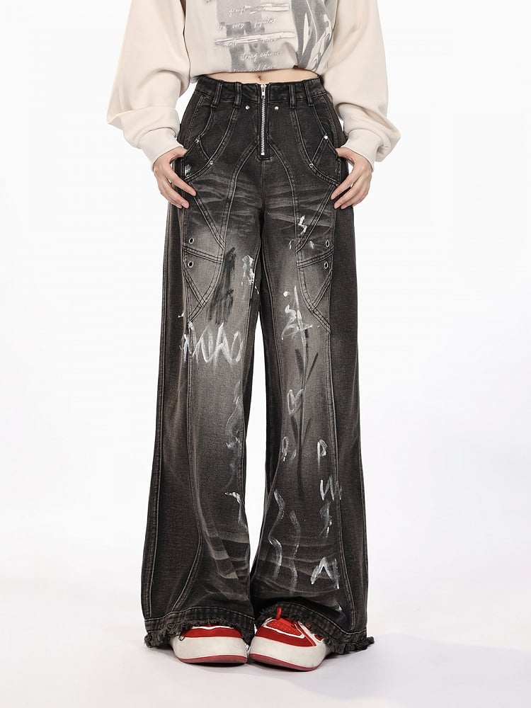 Black Closure Lines Visible Zipper Tie-Dye Graffiti Wide-Leg Jeans with Flowing