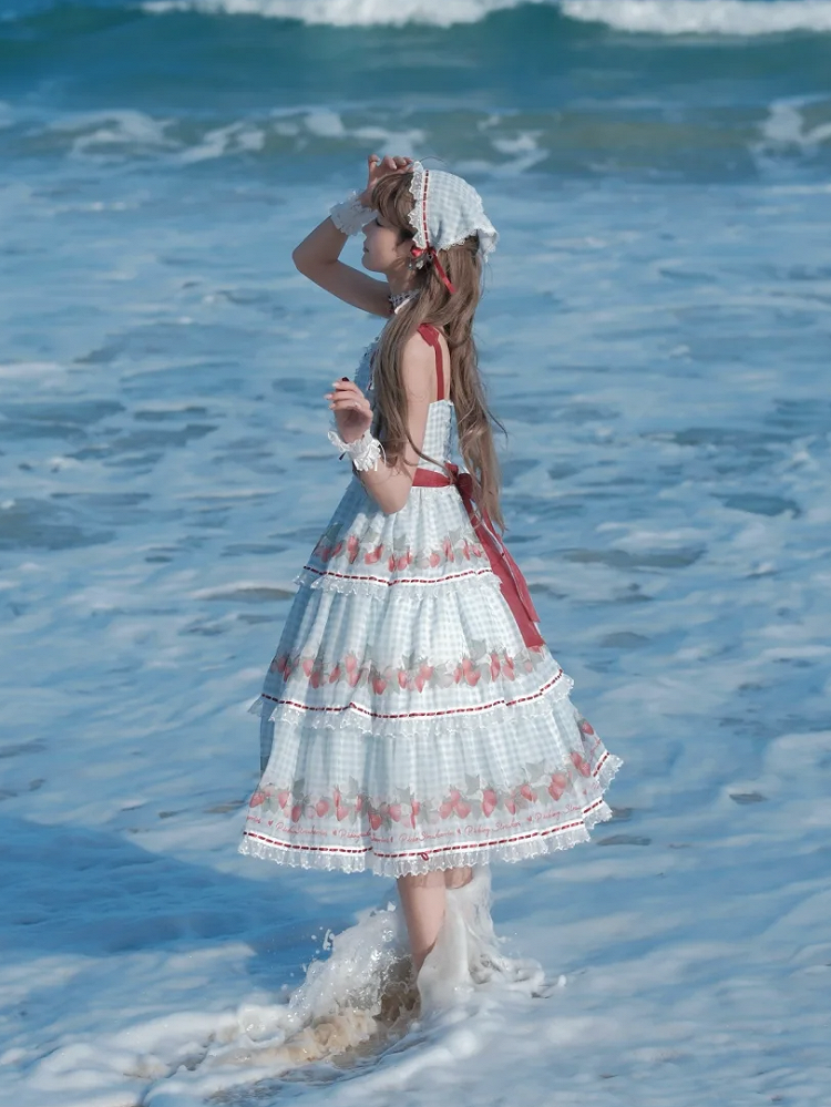 ストロベリープリントのブルーロリータギンガムドレス、スイートサマーロリータジャンパースカート