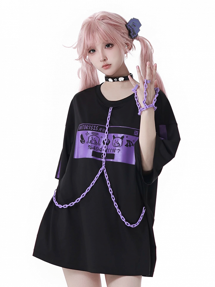 Lila mit und Pixel Zeichen Druck Kette Design Jirai Kei T-Shirt Ring Armband Finger Schwarz