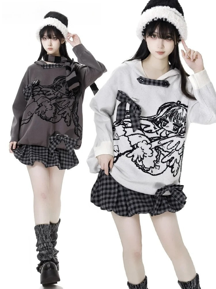 White/Grey Little Cartoon Girl Hooded Sweater