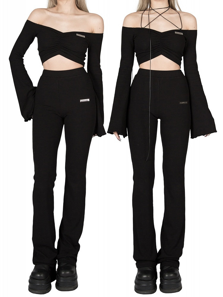 Knit Pants Stretchy High-Waisted - Flared Figure-Flattering Black
