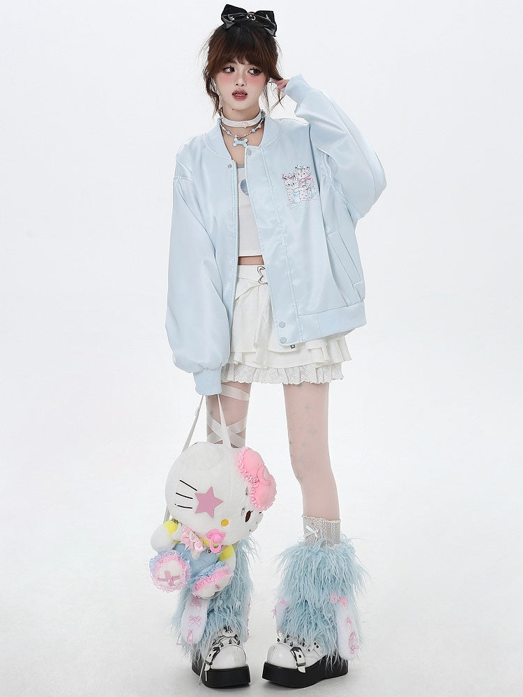 Hellblau/Pink Katzen Frühling Baseballjacke