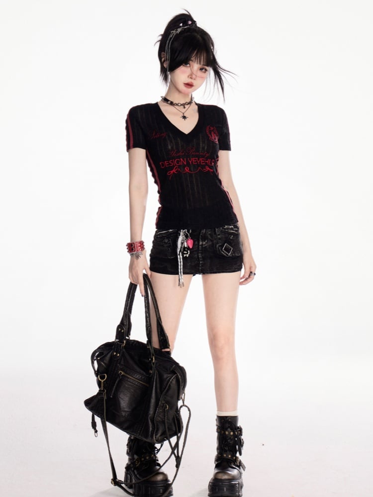 Waist Faded Wash Distressed Design Denim Skirt Bodycon Black Low Mini