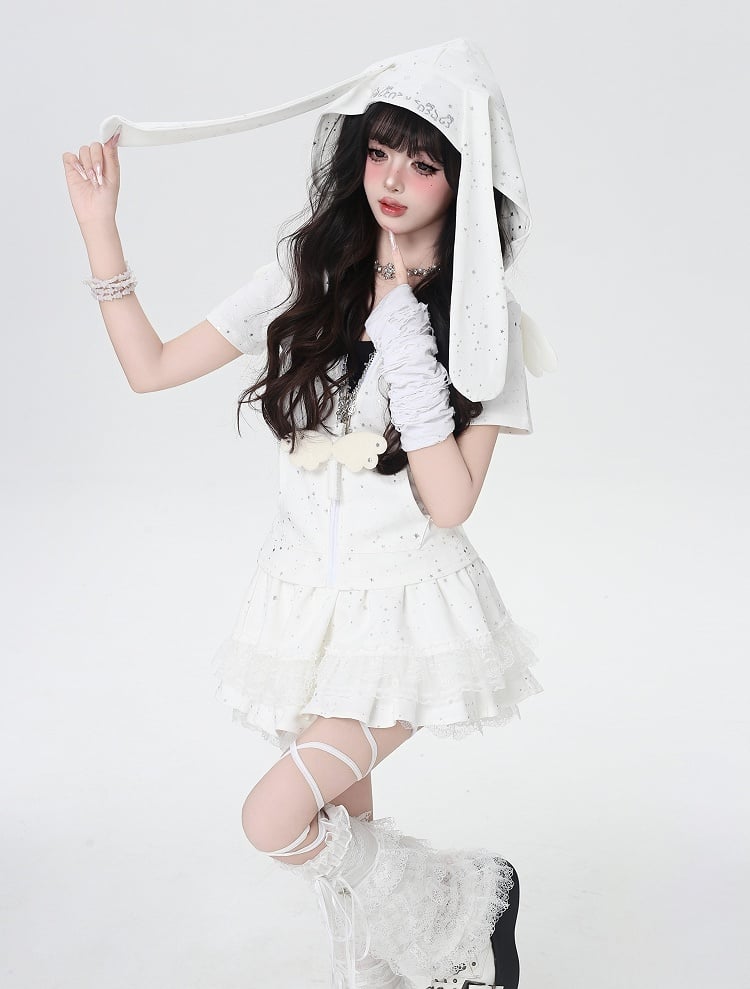 White Elastic Waist Tiered Skirt Trim Balletcore Lace