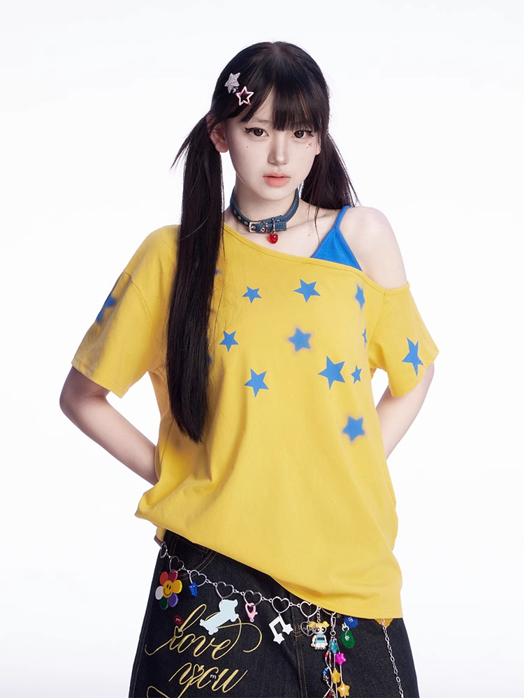 Star Faux Asymmetrisches T-Shirt Blau Print Ausschnitt Gelb