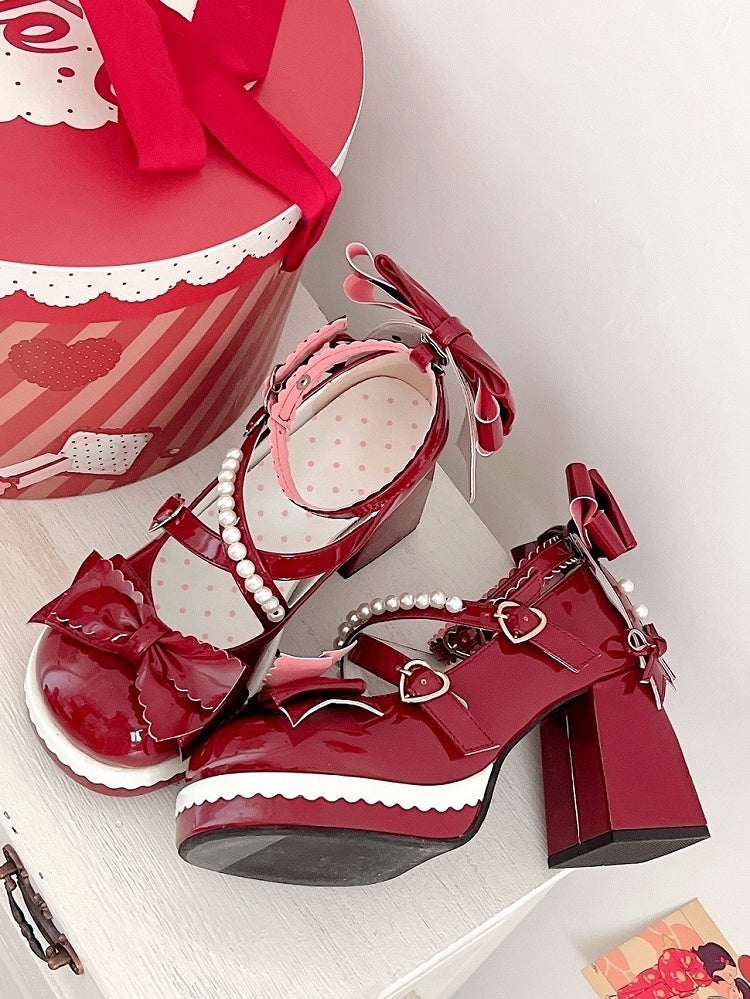 Heart Sweet Red PU Lolita Buckles Strap Bow Bead-Embellished Janes Leather with Mary Accents in Wine