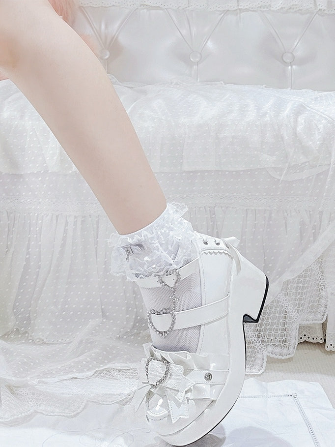 Decorated Platform Lace-up Heels Jirai Heart Polished White Details High Rhinestone Block Kei