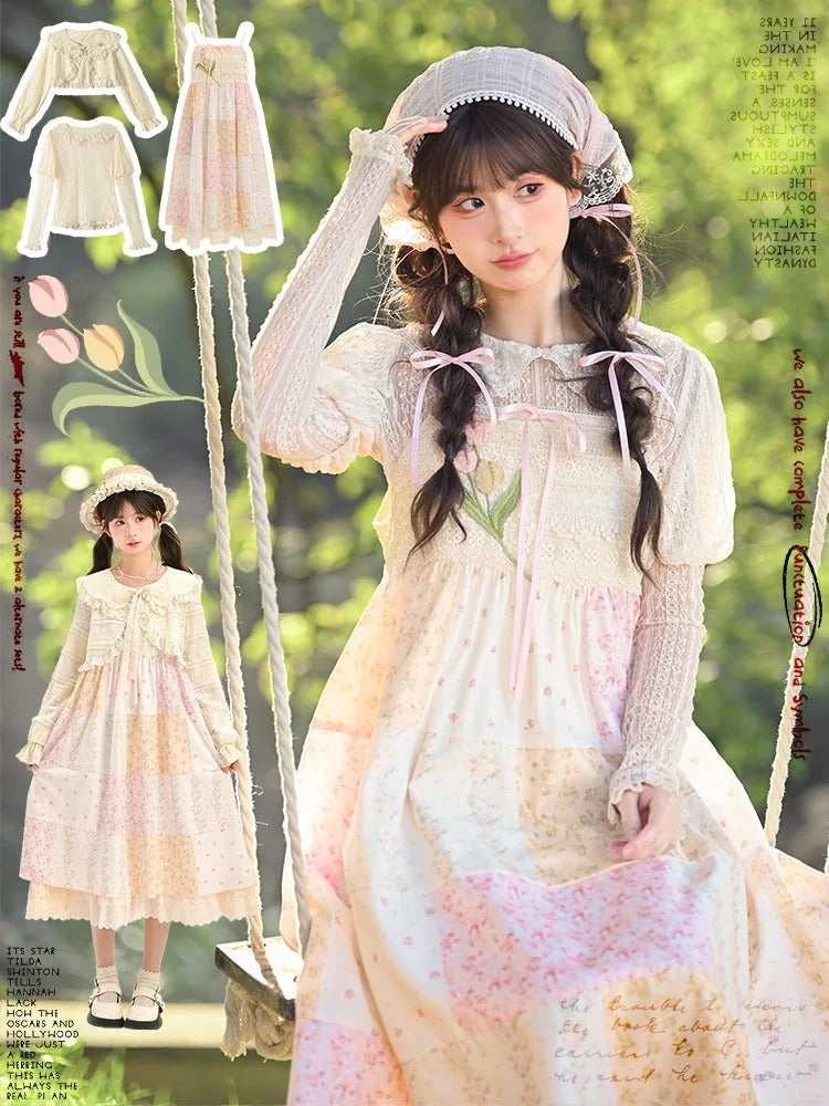 Mori Kei Beige & Pink Tulip Floral Patchwork Summer Dress