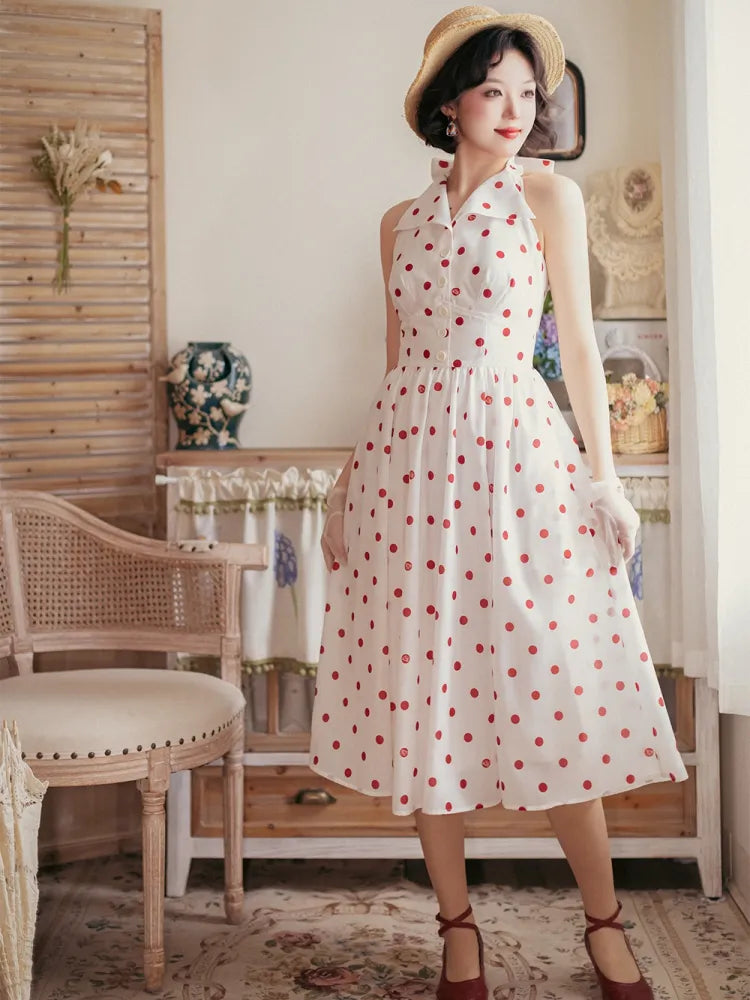 Pattern Polka Dress Dots Bow Halter Big Fashion Retro Print Backless Back Neck