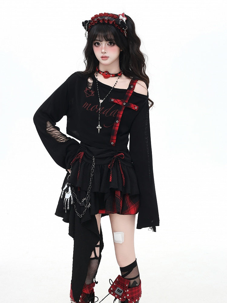 Cami Dress Skirt Red and Black Plaid Drawstring Waist Handkerchief Hem Tiered