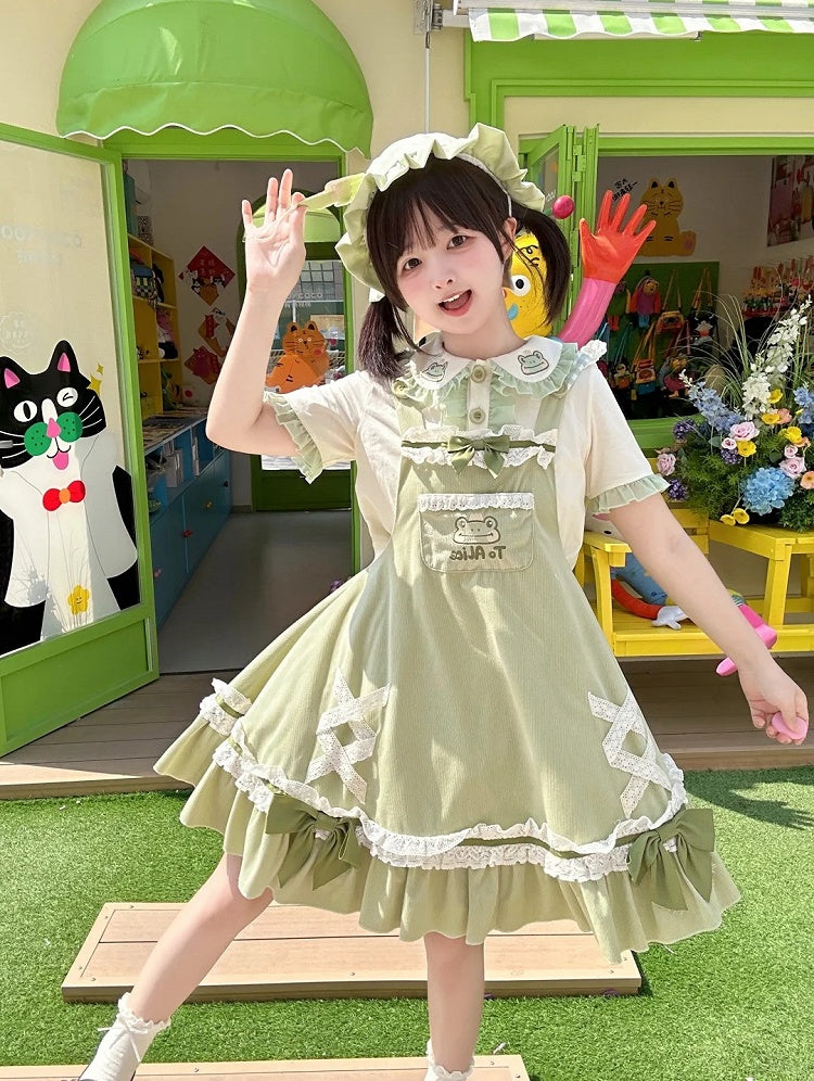 Light Green Frog Embroidery Lace Trim Overalls