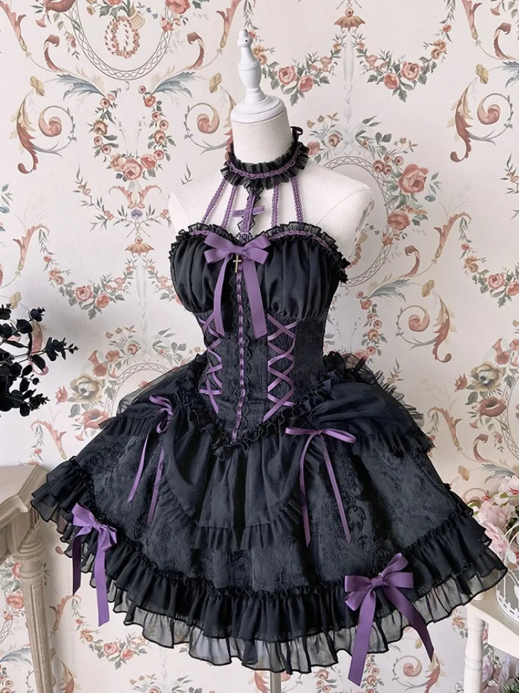 Cross Belle Black and Purple Corset Waist Gothic Lolita Dress