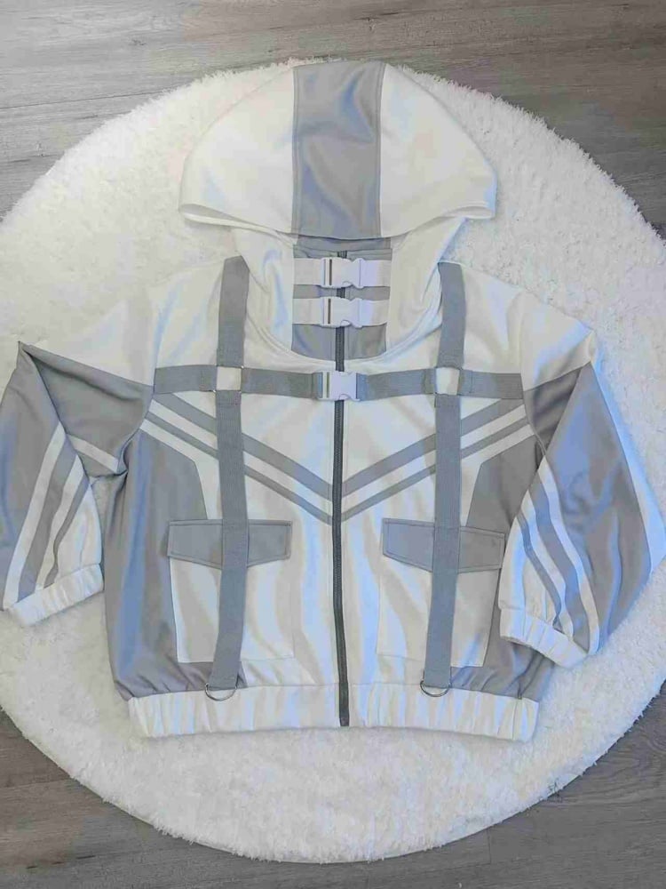 Weiße und graue Cyberpunk-Jacke mit Schnallenriemen und Jirai Kei-Kapuze und Reißverschluss