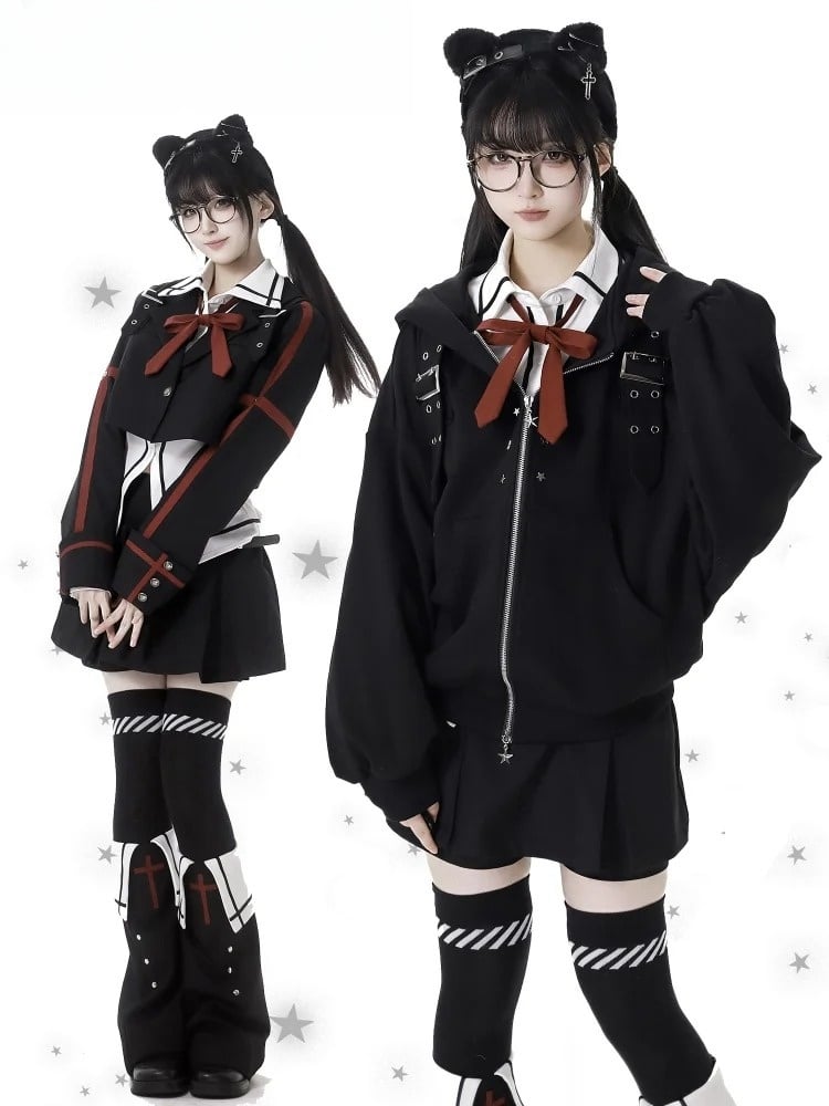 Studs Star Straps Buckle Black Hoodie Zip Closure