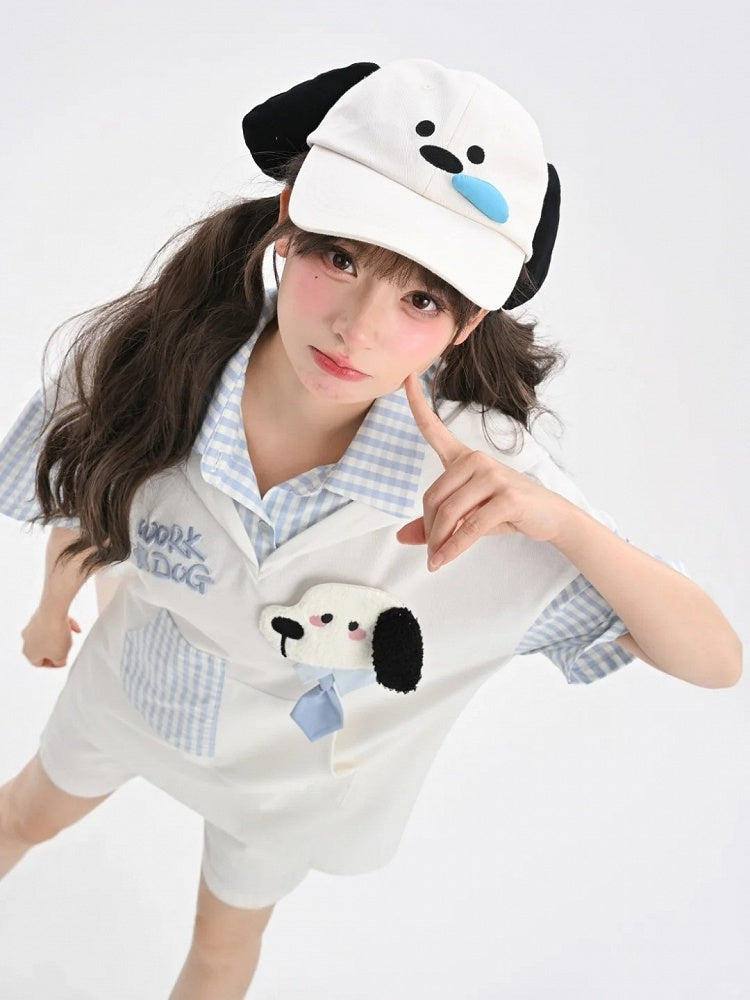Two-pieces Puppy Ears Design Hood Pattern White and Puppy Faux T-Shirt Blue Plaid