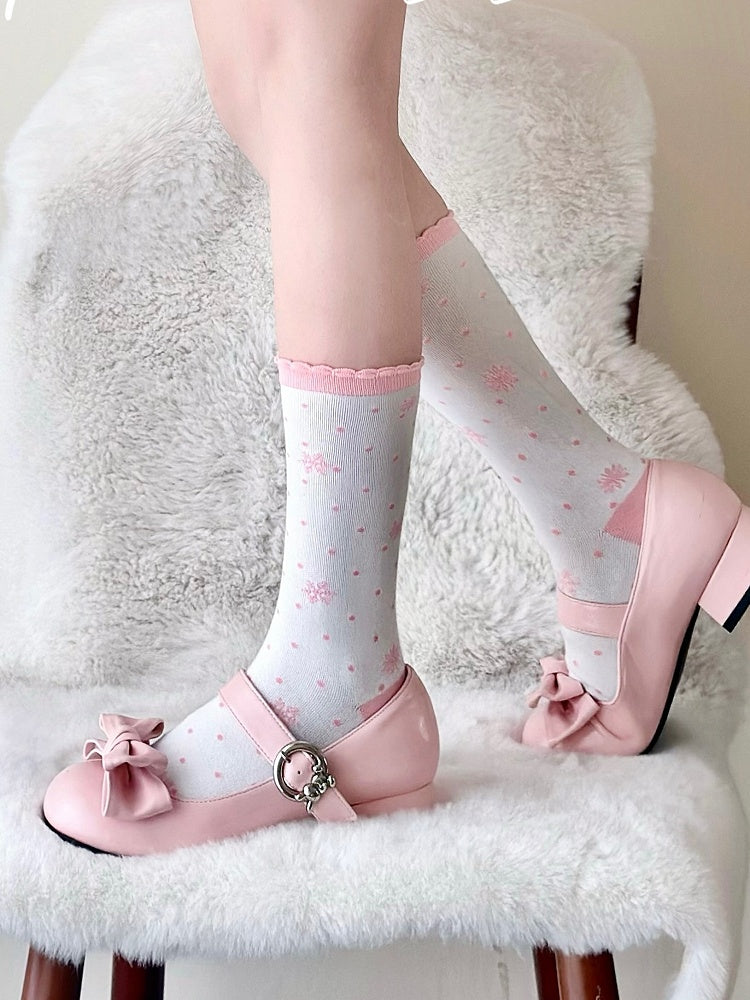 Socks Print Polka-dot Pattern Pink Snowflakes Lolita Calf