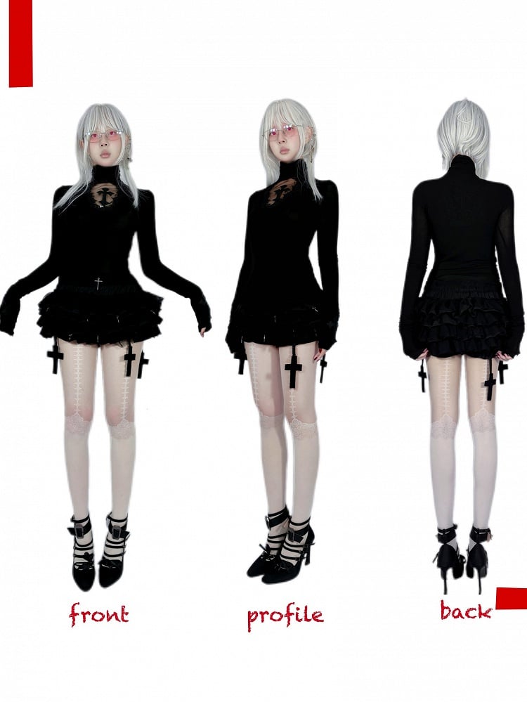 Gothic Schwarzer Sarg Cutout Kreuze Verziert Hochgeschlossenes Langarm Top
