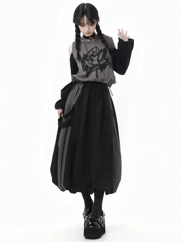 Print Colorblock Design Drawstring Gray Hem Hoodie and Cutout Shoulder Star Black