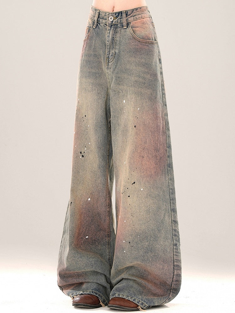 Splash Ink Details Pink Wide-leg Blue Faded Jeans Cut Wash and