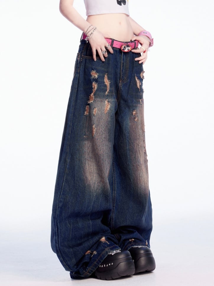 Dark Blue Low Vintage Wide-leg Jeans Waist Distressed Holes