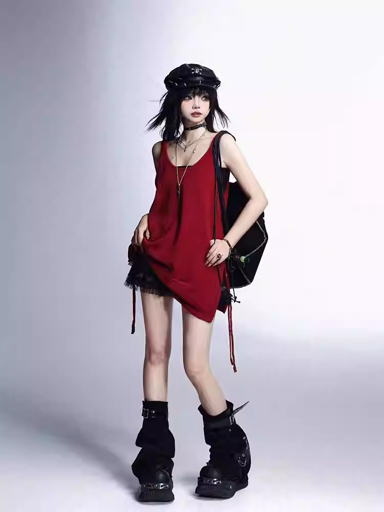 Bustier Tank Top Black Glamorous Red Side Slit Vintage Set with Top