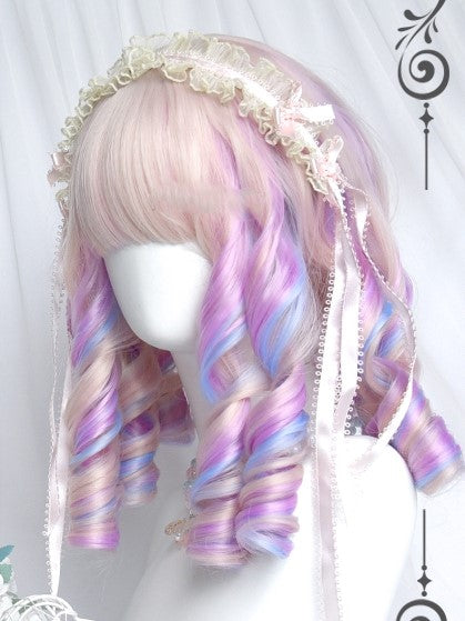 With Macaroon Roman Curly Medium Bangs Full Wigs Color