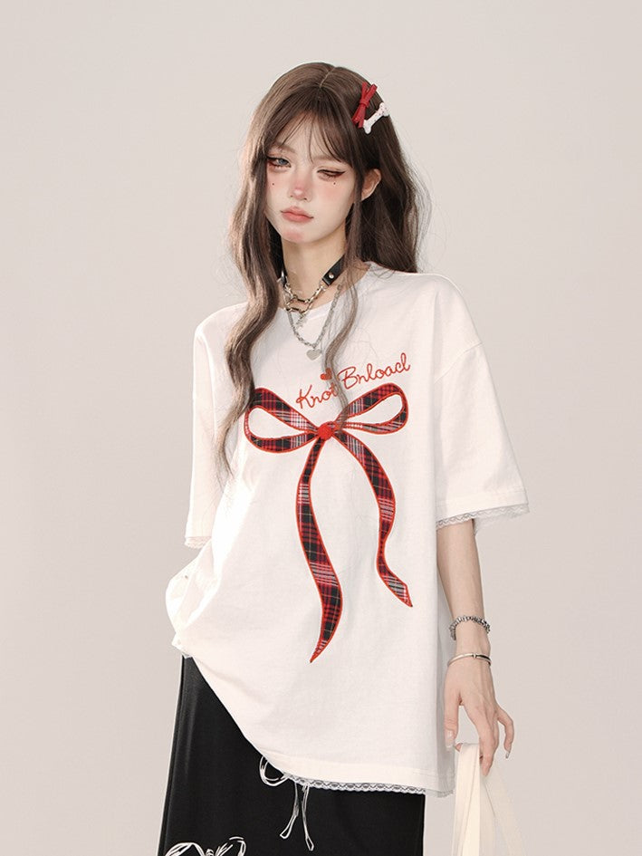 Embroidery Plaid White Oversized Lace Bow Details and T-shirt: