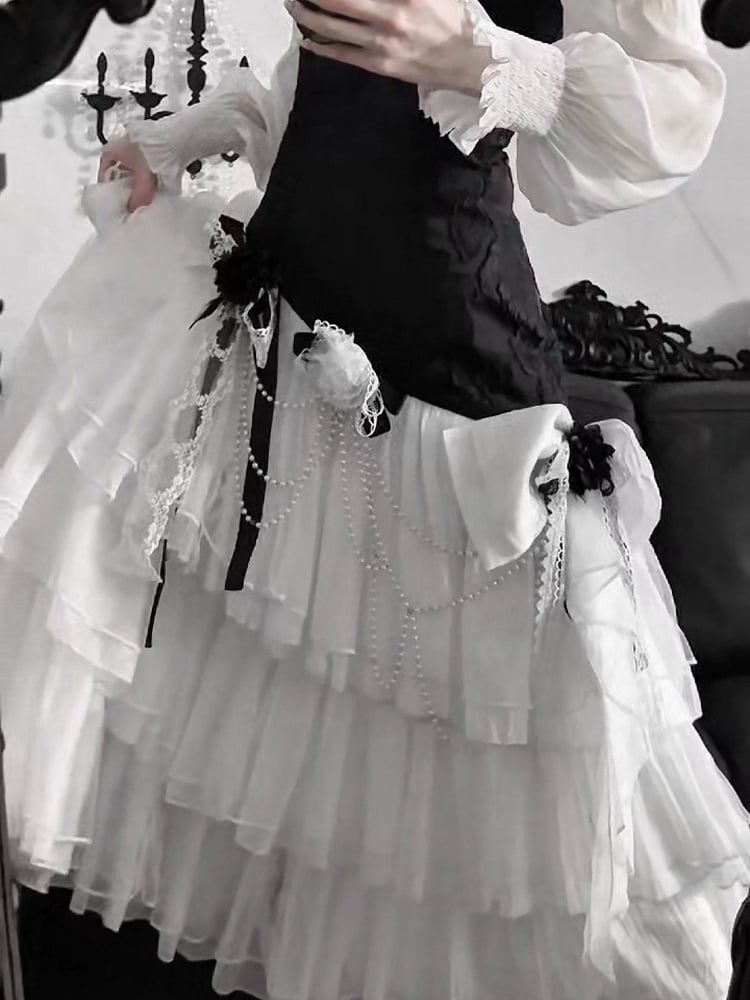 White and Chain Accessory Black Bead Bowknots Flowers