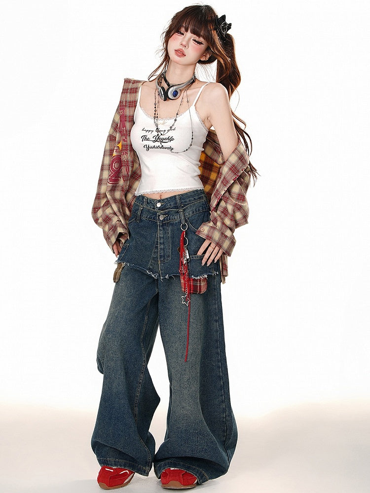 Blue Fake Two-piece Design Wide-leg Cut Jeans