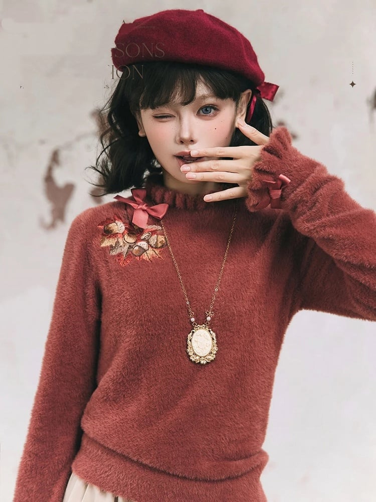 Leaf Embroidery Maple on Red Autumn Top Bowknot Brick Cuffs Knit Neckline