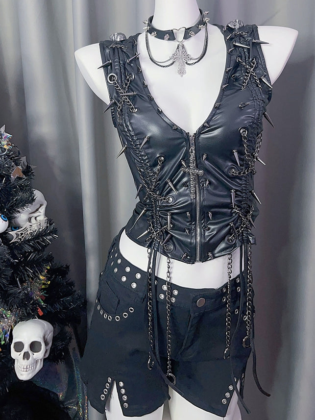And Black Closure Studs Decorated Zipper Cross Charm Skeleton Y2K