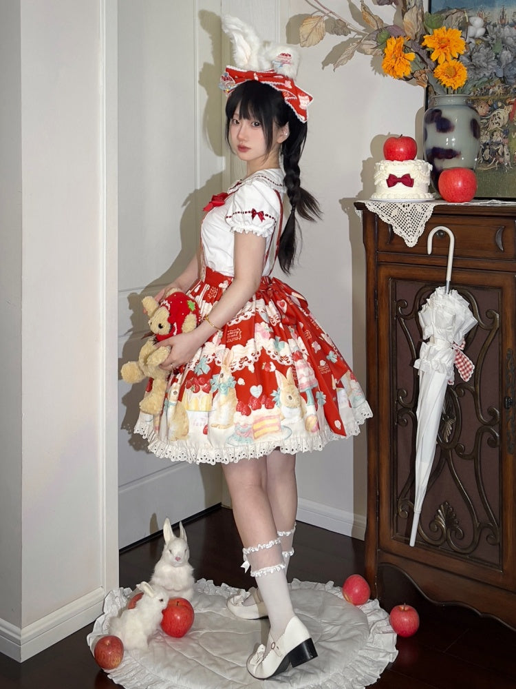 Süße Lolita-Bluse mit Puffärmeln und Herzknöpfen in Weiß und Rot