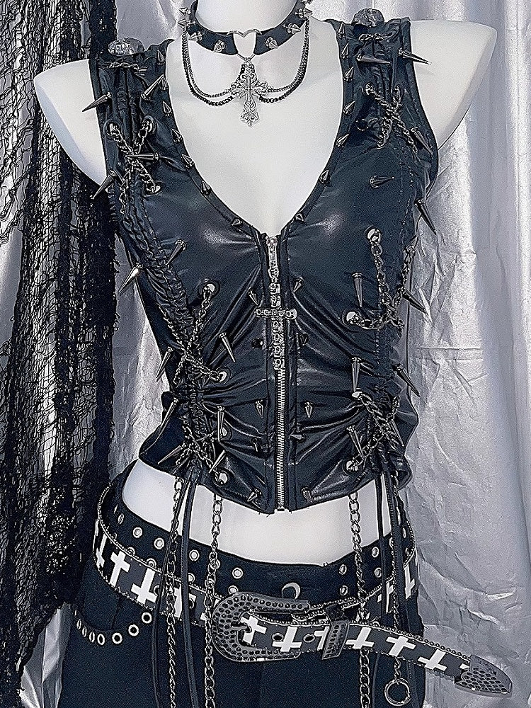 And Black Closure Studs Decorated Zipper Cross Charm Skeleton Y2K