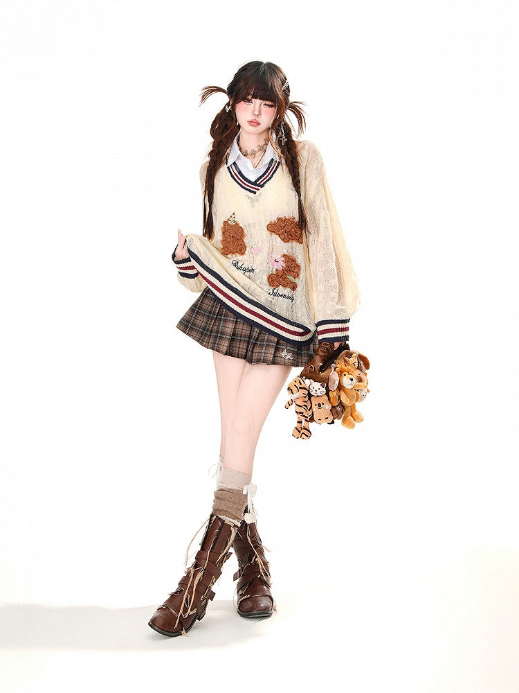 Buckle Belt Fashion Style Pleated Skirt with Free Plaid Preppy Coffee Millard