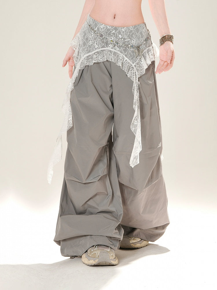 Gray/Black Low Light Rise Wide-Leg Pants with Waist Lace Accessory