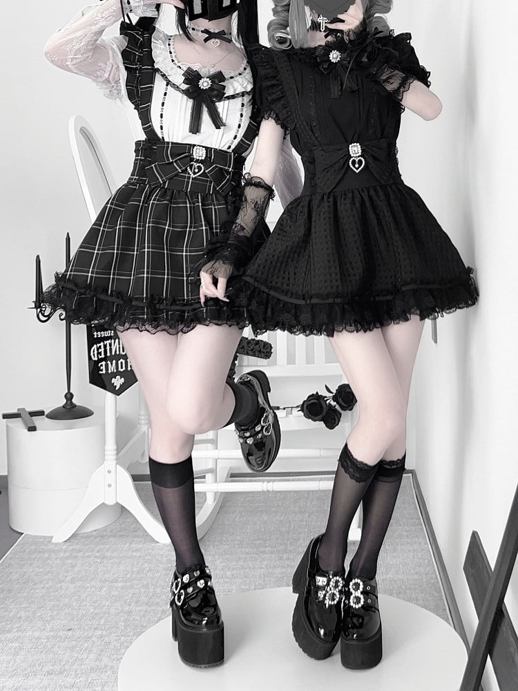 Detachable Kei Skirt Shoulder High Straps / Plaid Jirai Overall Black Waist with