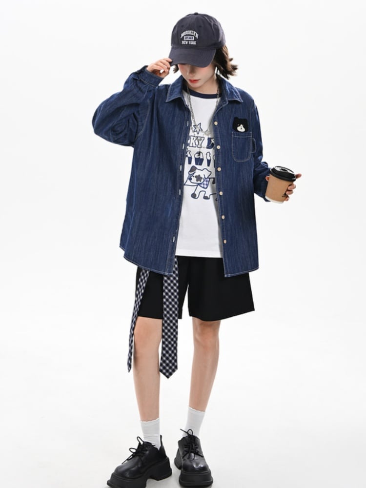 Kitty Dark Blue Faded Wash Denim Shirt Cute Embroidery