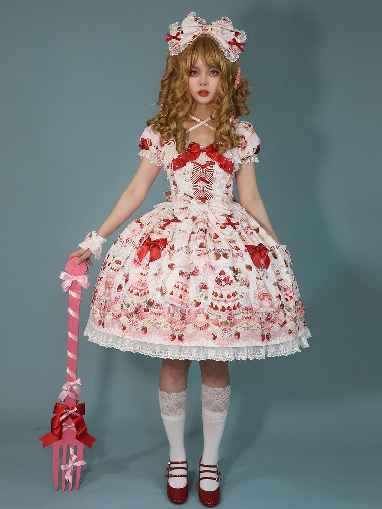 Bow Sweet Set Print White Strawberry Accents / Lolita Full Cake Dress