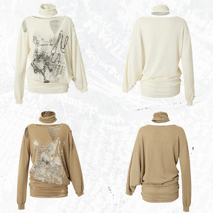 Distressed Beige/Khaki Top Neckline Punk Asymmetrical Sun Protection Wasteland Holes