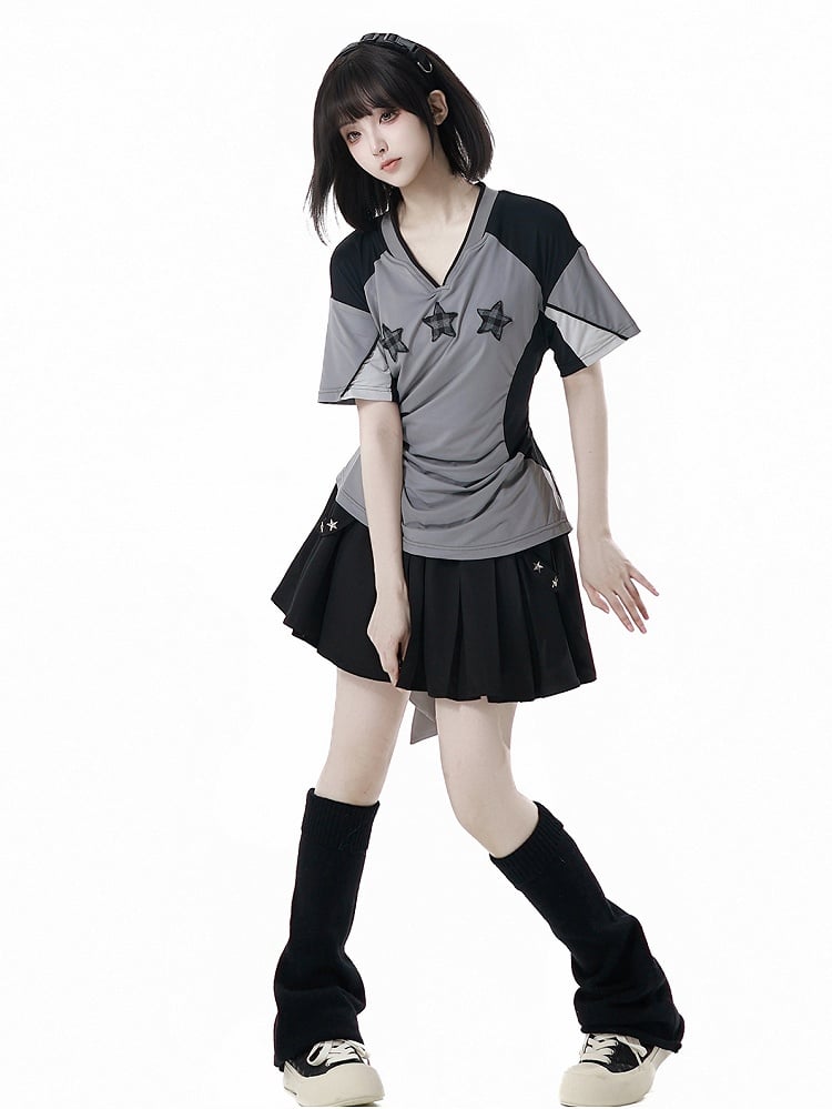 T-shirt Star Appliques V-neck Sports Colorblock Design Plaid Black/Gray