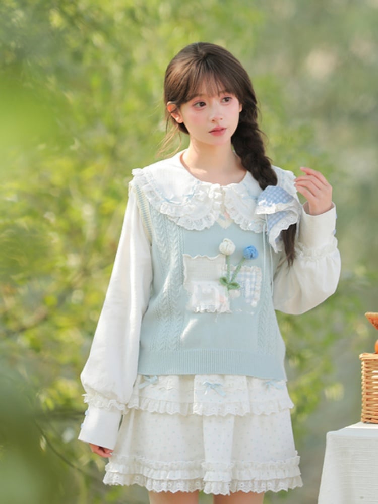 Gilet tricoté bleu à patchs en dentelle fleurie Yume Kawaii