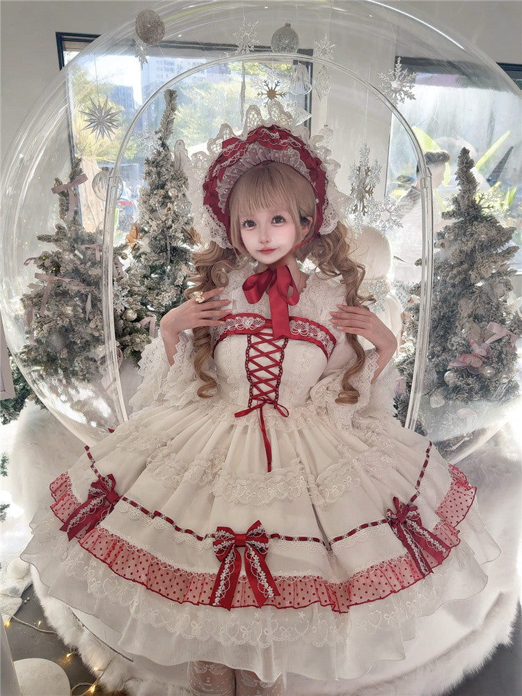 White and Wine Red Bow Accent Bonnet Lace Trim
