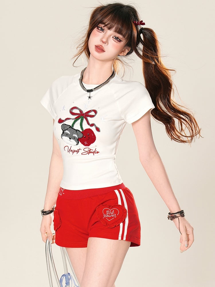 Plush T-shirt Puppy And Cherry White/Black Glamorous Applique